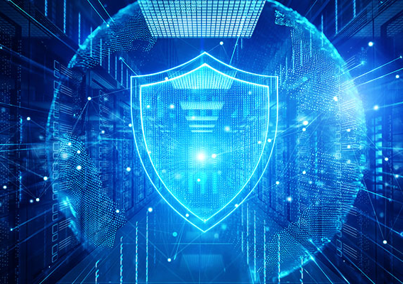 Illustration of a digital shield protecting enterprise network infrastructure